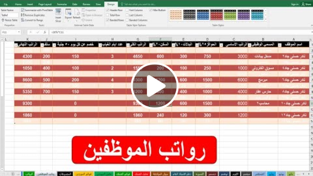 شرح كل ما يتعلق بعمل وتصميم وتنسيق الجداول (tables) على الاكسل - الدرس السادس